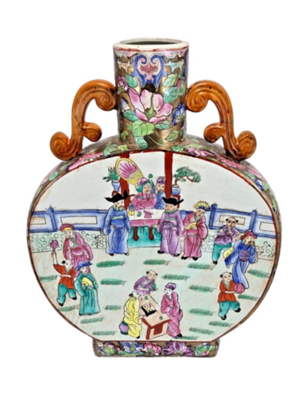 Vintage Chinese Moon Flask Rose Medallion Vase